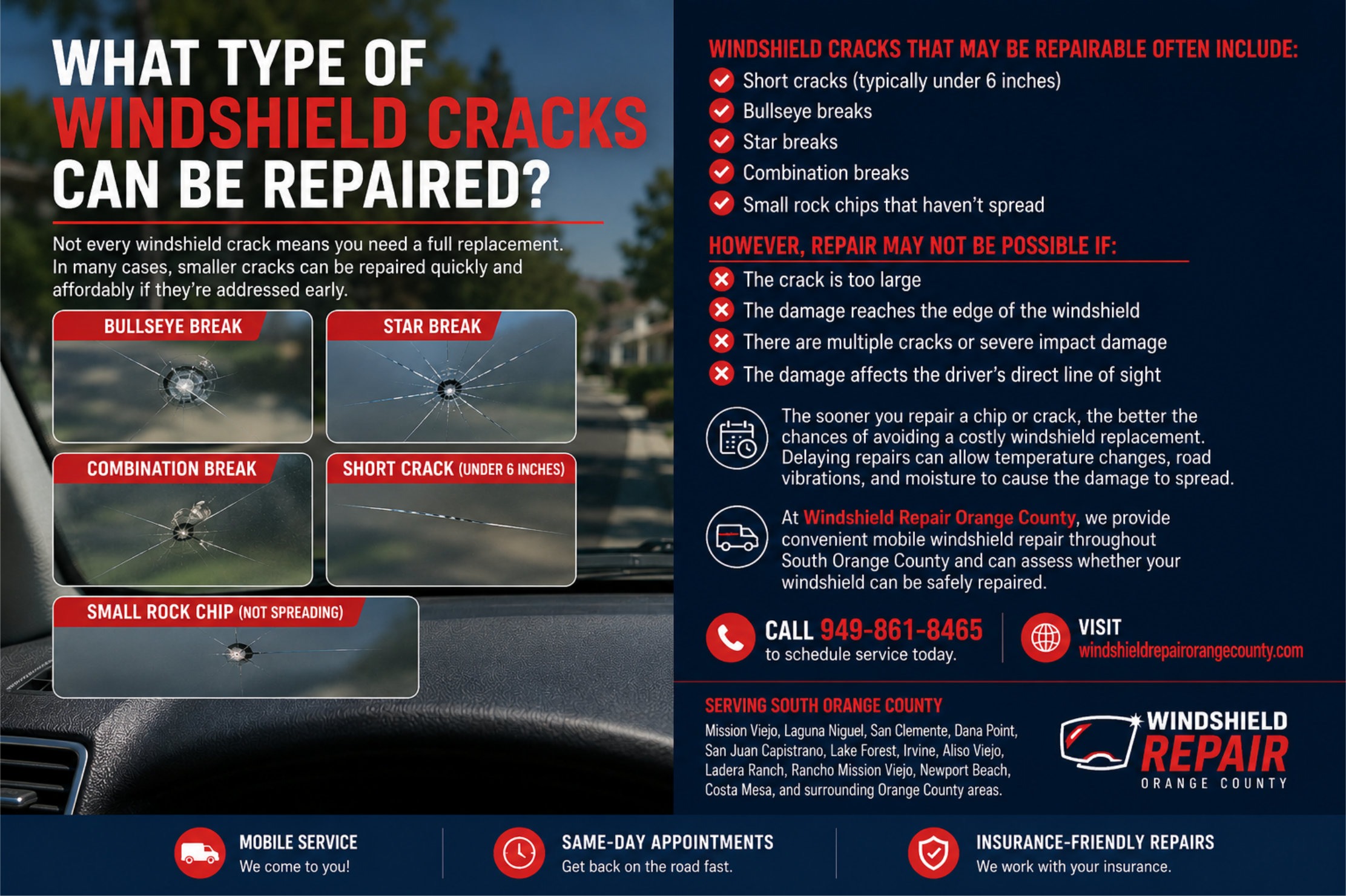 what type of windshield cracks can be fixed in irvine ca windshield repair orange county